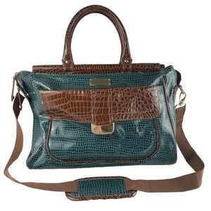 Samantha Brown Large Croc-Embossed Dowel Travel Bag Weekender Teal & Brown